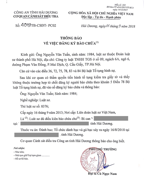 Thông báo về việc đăng ký bào chữa CQCSĐT – CA tỉnh Hải Dương gửi Công ty luật TGS