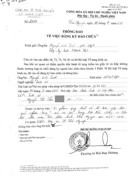 Thông báo số 2355 về việc chấp thuận đăng ký bào chữa cho LS Nguyễn Văn Tuấn