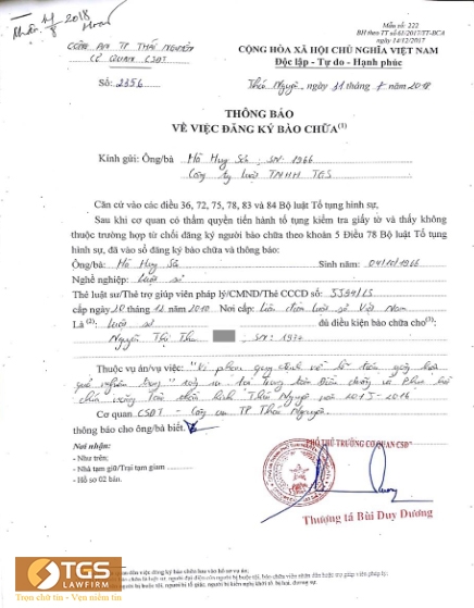 Thông báo số 2356 về việc chấp thuận đăng ký bào chữa cho LS Hà Huy Sơn