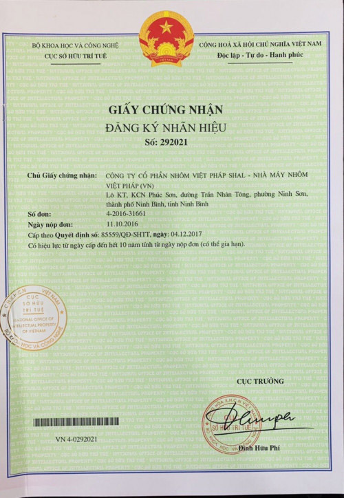 Giấy chứng nhận đăng ký nhãn hiệu "Nhôm Việt Pháp SHAL"
