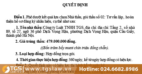 Luật TGS trúng gói thầu thầu "Tư vấn lập, hoàn thiện hồ sơ đăng ký nhãn hiệu" của Chi Cục phát triển nông thôn tỉnh Tuyên Quang